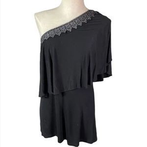 ShuShu Black Silver Lace One Shoulder Top Blouse Size Medium